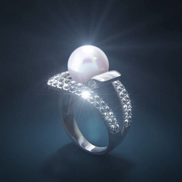 This shot made by vfx house Fantastic Imago, this a 3d silver ring with white pearls and crystals on the dark background, also we add sun flares