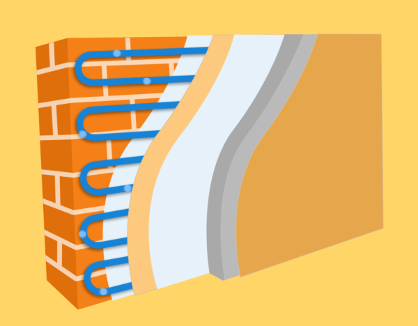 2d animation of heat elements and wall with red bricks of active external wall insulation system that made by Fantastic Imago